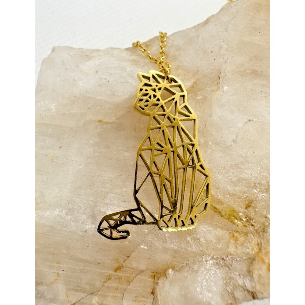 Gold Tone Geometric Cat Necklace Stainless Steel Adjustable 18'' - 20'' Modern